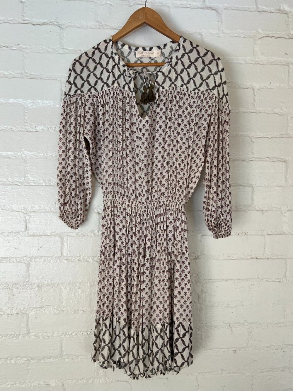 Beachgold XS Batik Screen Print Boho Short Blouson Dress V Neckline Rayon